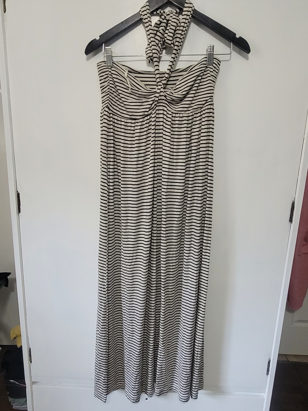 Black and White Striped Halter Maxi Dress